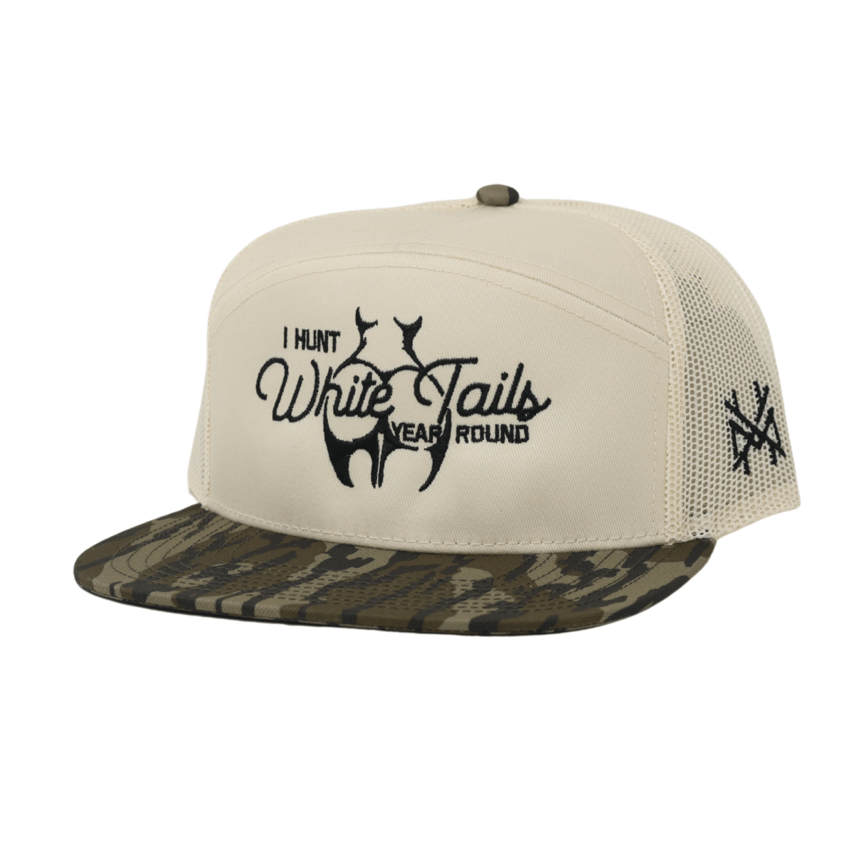 The Mad Hatter Co - I Hunt White Tails Year Round Trucker Hat: 7 Panel Bottomland/ Loden/ Bottomland