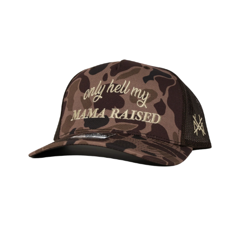 The Mad Hatter Co - MHC Only Hell My Mama Raised Trucker Hat: 112 PFP Bark Duck Camo