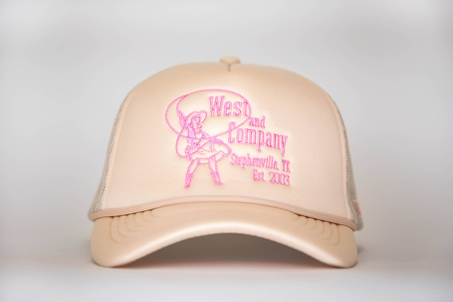 West & Co. - Tan Trucker Cap w/ Embroidered Light Pink Cowgirl Era Design