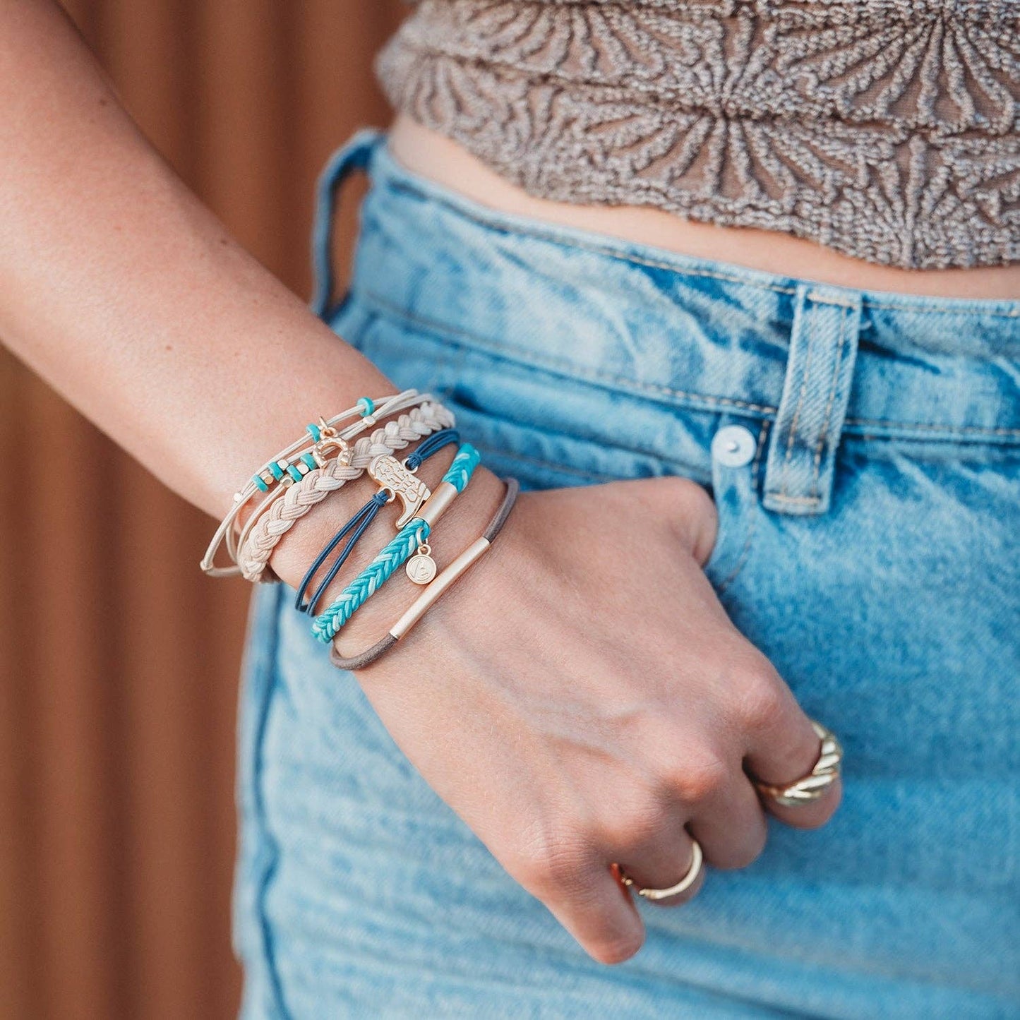 K'lani hair tie bracelets - "Stride" Turquoise with Gold Cowboy Boot Hair Tie Bracelets: Large
