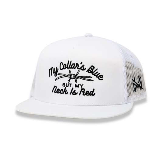 The Mad Hatter Co - My Collar's Blue but my Neck is Red Trucker Hat: Flat Bill White