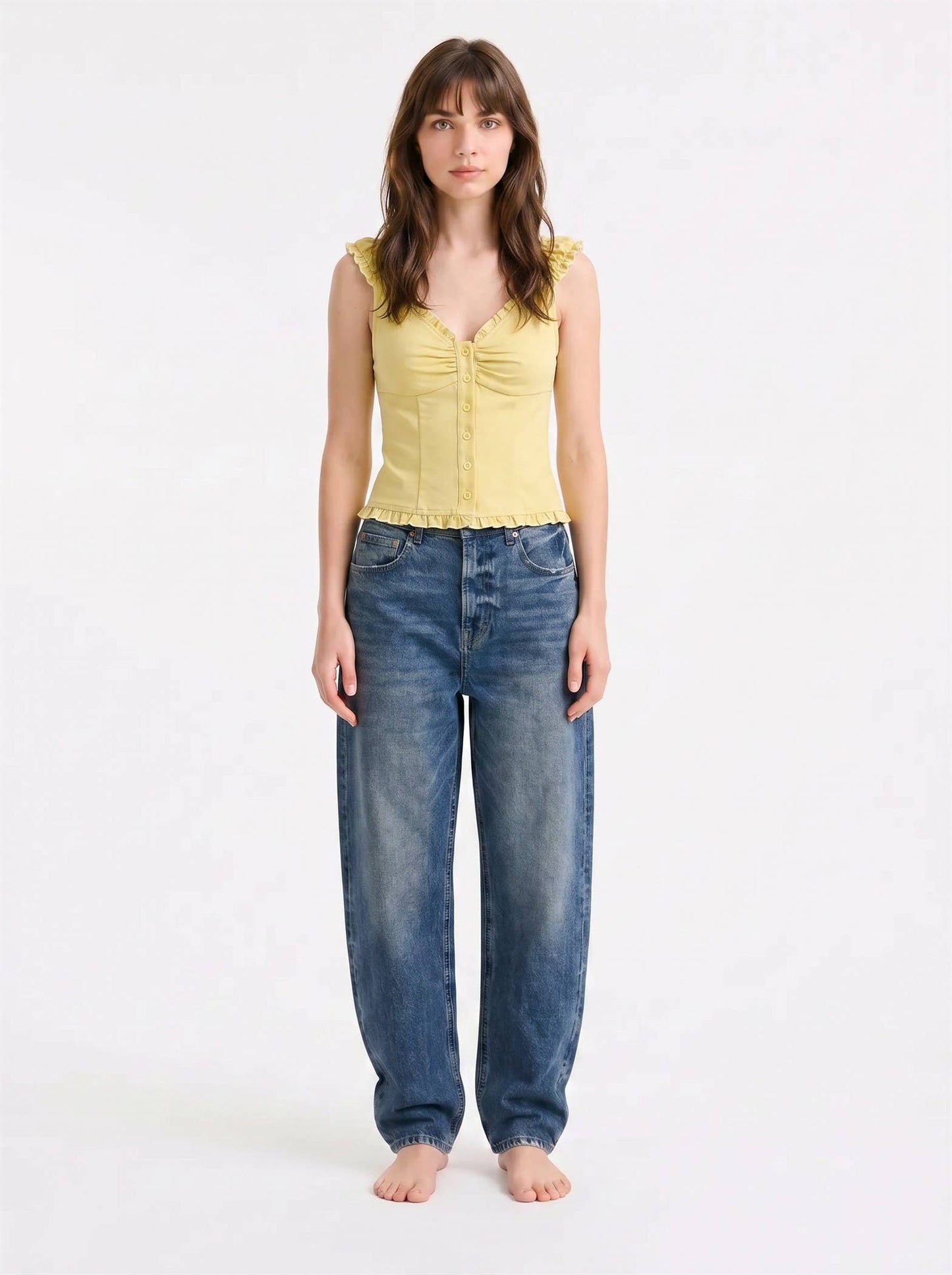J LINE - RUFFLE STRAP BUTTON DOWN FITTED TOP: DENIM / S-M-L(2-2-2)
