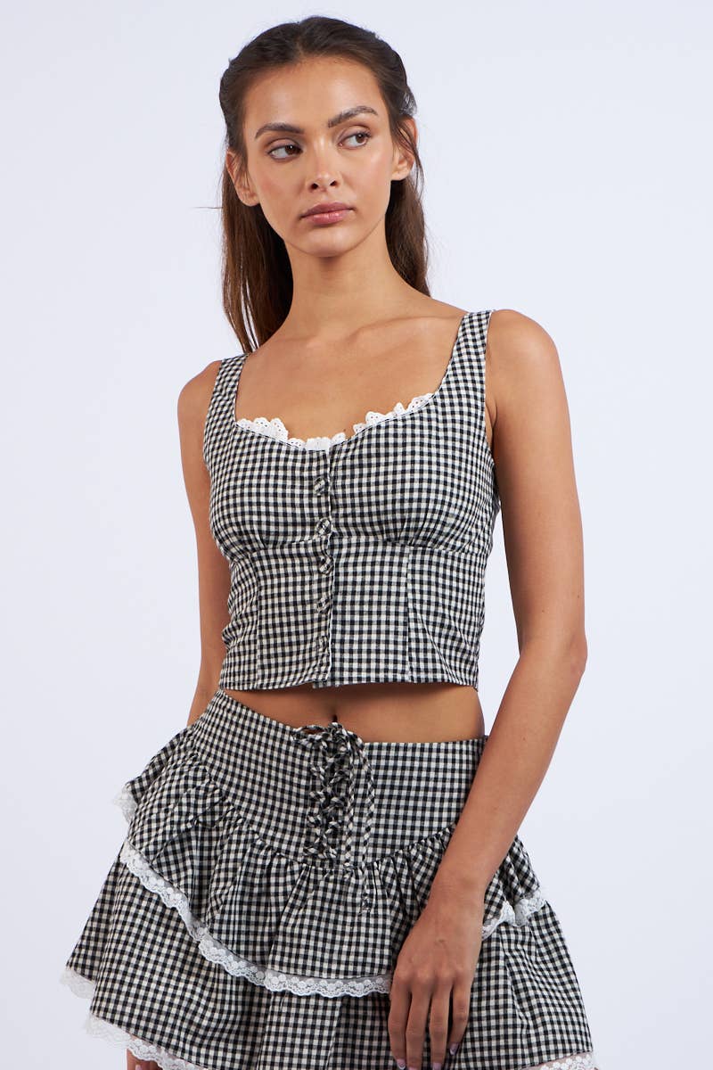 Sky to Moon - CHECKER PRINT FRONT BUTTON LACE TRIM CROP TOP: Black Checker / S