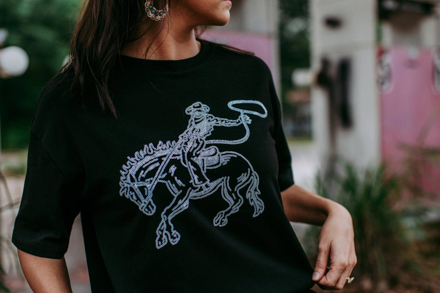 GoldenU - MK427 Deadwood Sequin Embellished Tee Dress: Black / M