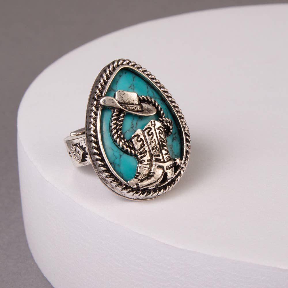 SP Sophia Collection - Western Hat & Boot Turquoise Teardrop Stretch Ring: Blue