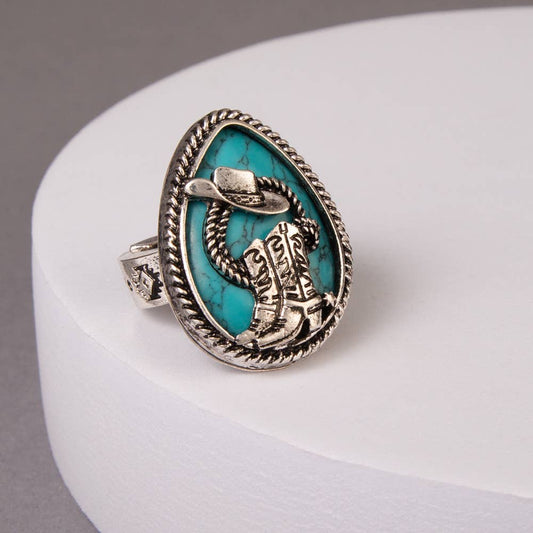 SP Sophia Collection - Western Hat & Boot Turquoise Teardrop Stretch Ring: Blue