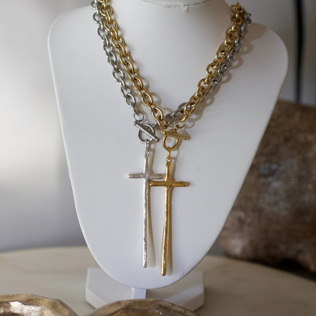 Deep South Originals Inc. - Elongated Cross Toggle Necklace - Stainless Steel - Gold Plated Pewter: Silver