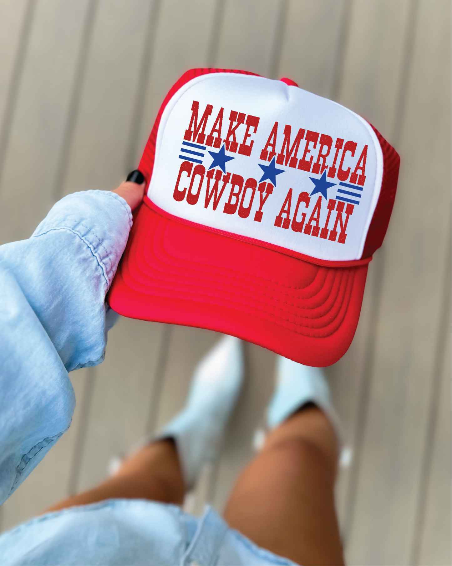 Southern Attitude Designs Inc - Make America Cowboy Again DTF Printed Red and White Trucker Hat