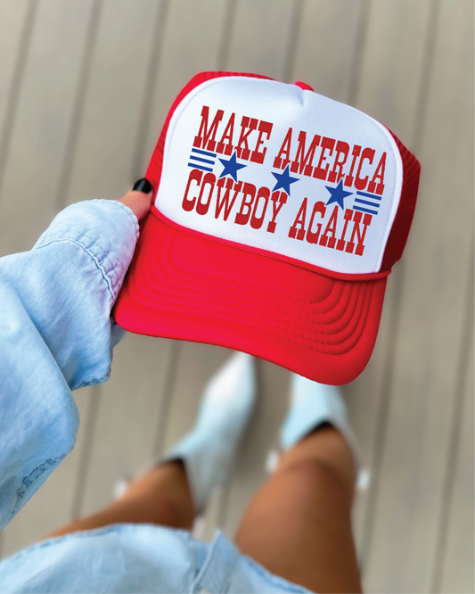Southern Attitude Designs Inc - Make America Cowboy Again DTF Printed Red and White Trucker Hat