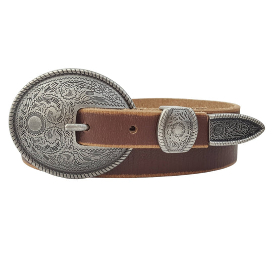 Axesoria West - Vintage Skinny Leather Belt w.  antique silver floral buckle: Brown / S/M