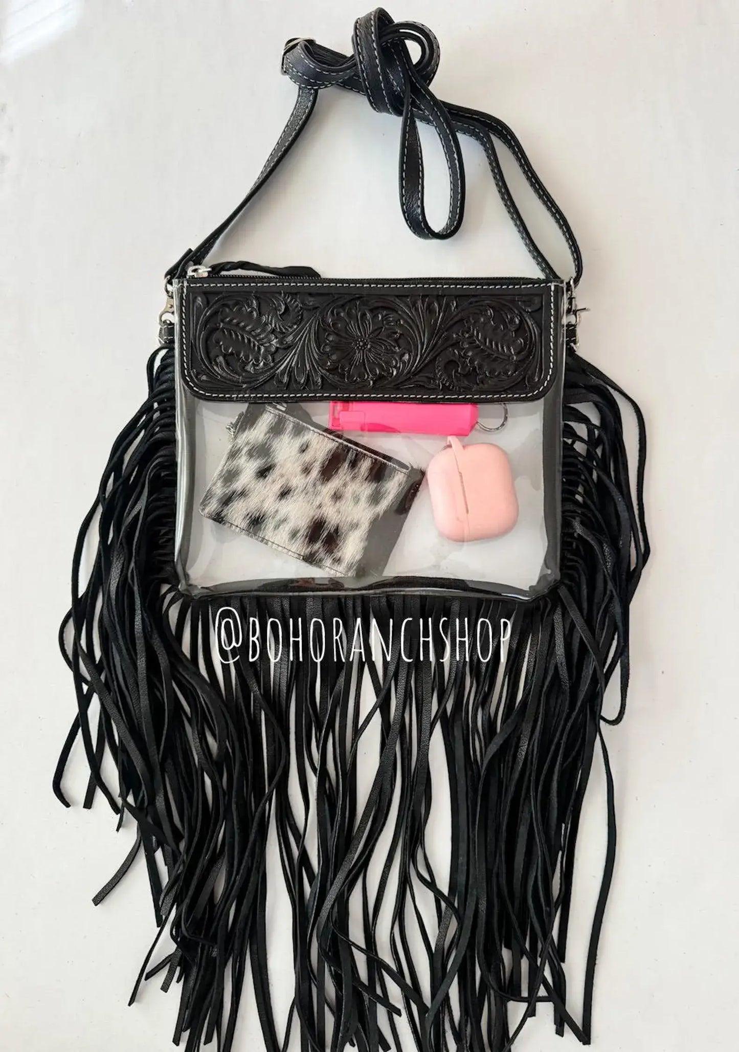 Boho Ranch Shop - Hand Tooled Clear Purse Crossbody - Concert Game Day Stadium: BROWN/ TURQUOISE