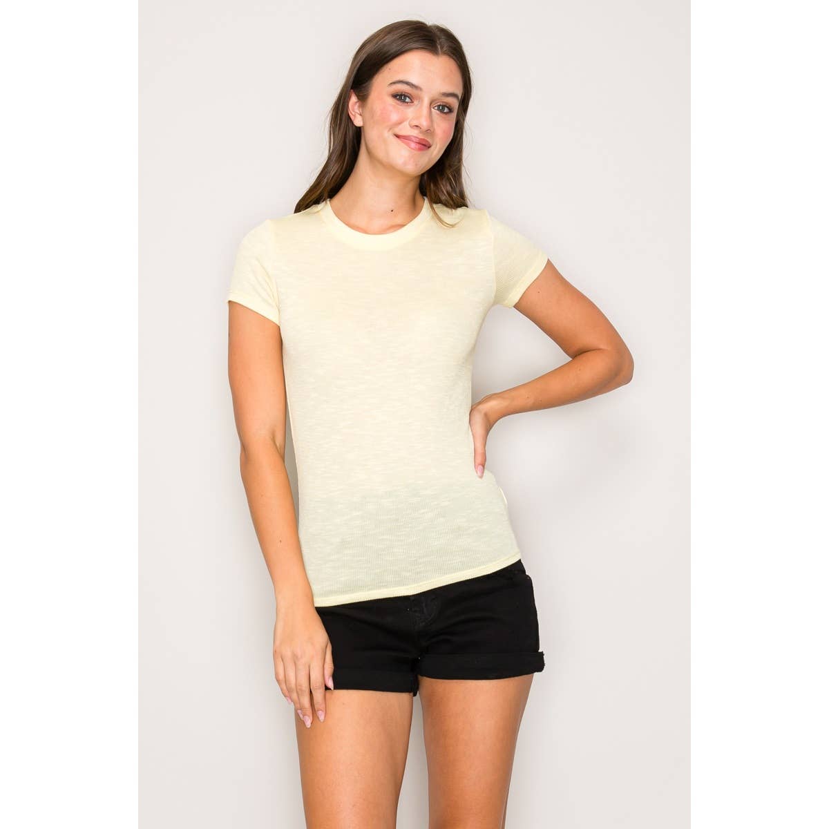 Popular 21 - Crew Neck Short Sleeve Rib Knit Basic Tee: Black / S-M-L(2-2-2)