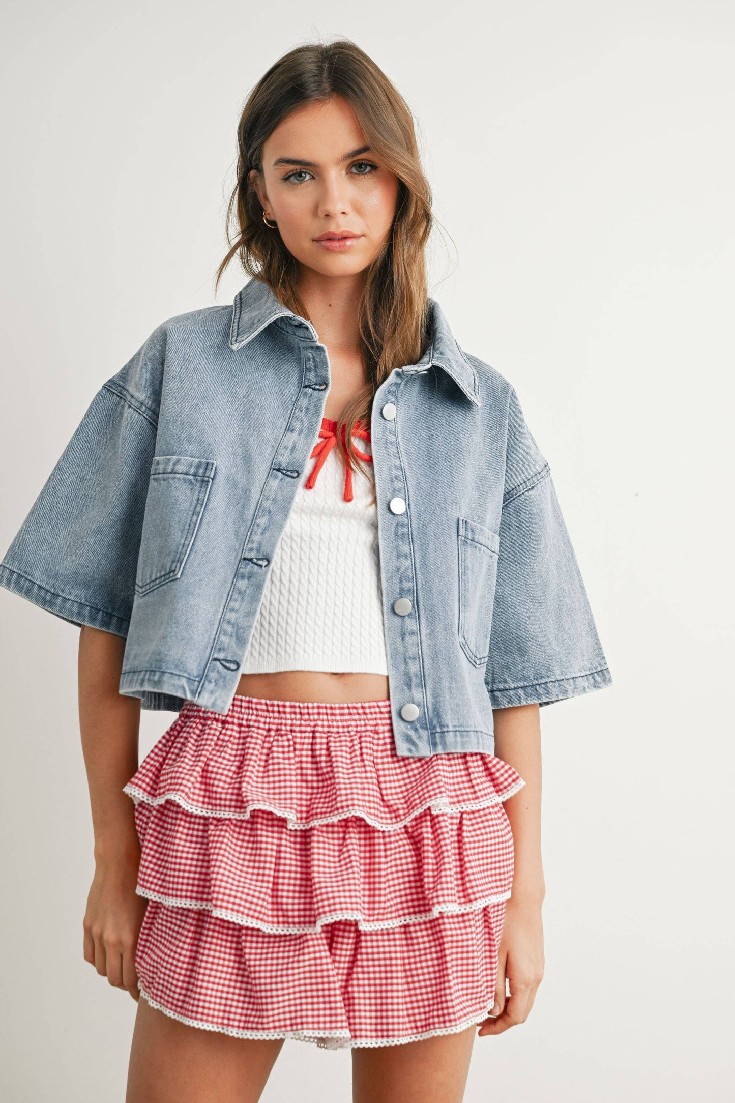 BUTTERMELON - Tiered Ruffle Mini Skort - BMP7719: RED / IVORY / S