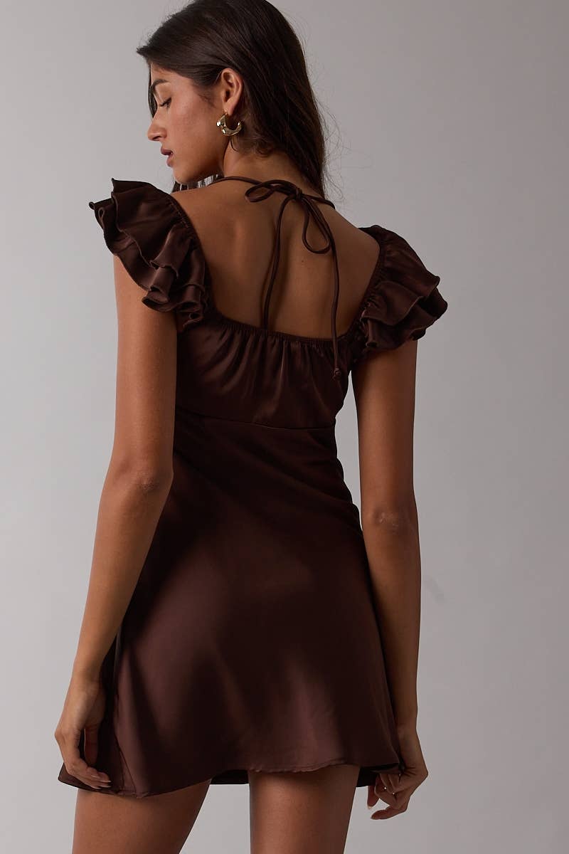 Sky to Moon - SATIN RUFFLE WING SLEEVE SCELLOP LACE MINI DRESS: BLACK / L