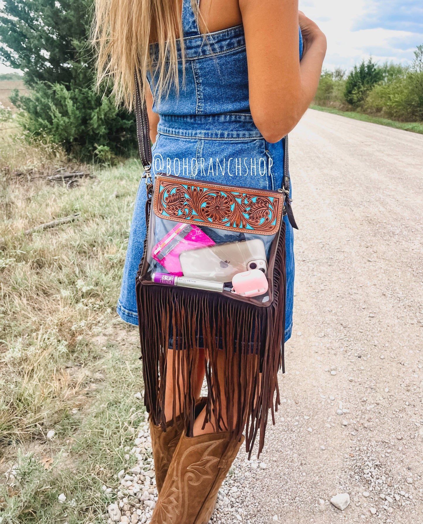 Boho Ranch Shop - Hand Tooled Clear Purse Crossbody - Concert Game Day Stadium: BROWN/ TAN