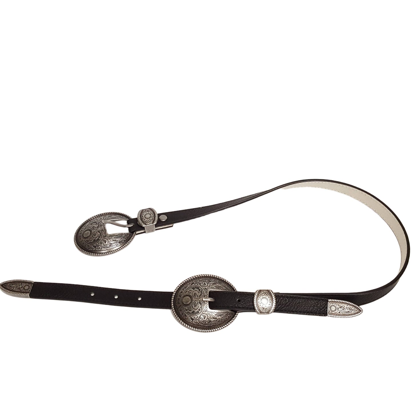 Axesoria West - Antique Silver Double Buckle Skinny Belt : Black / M