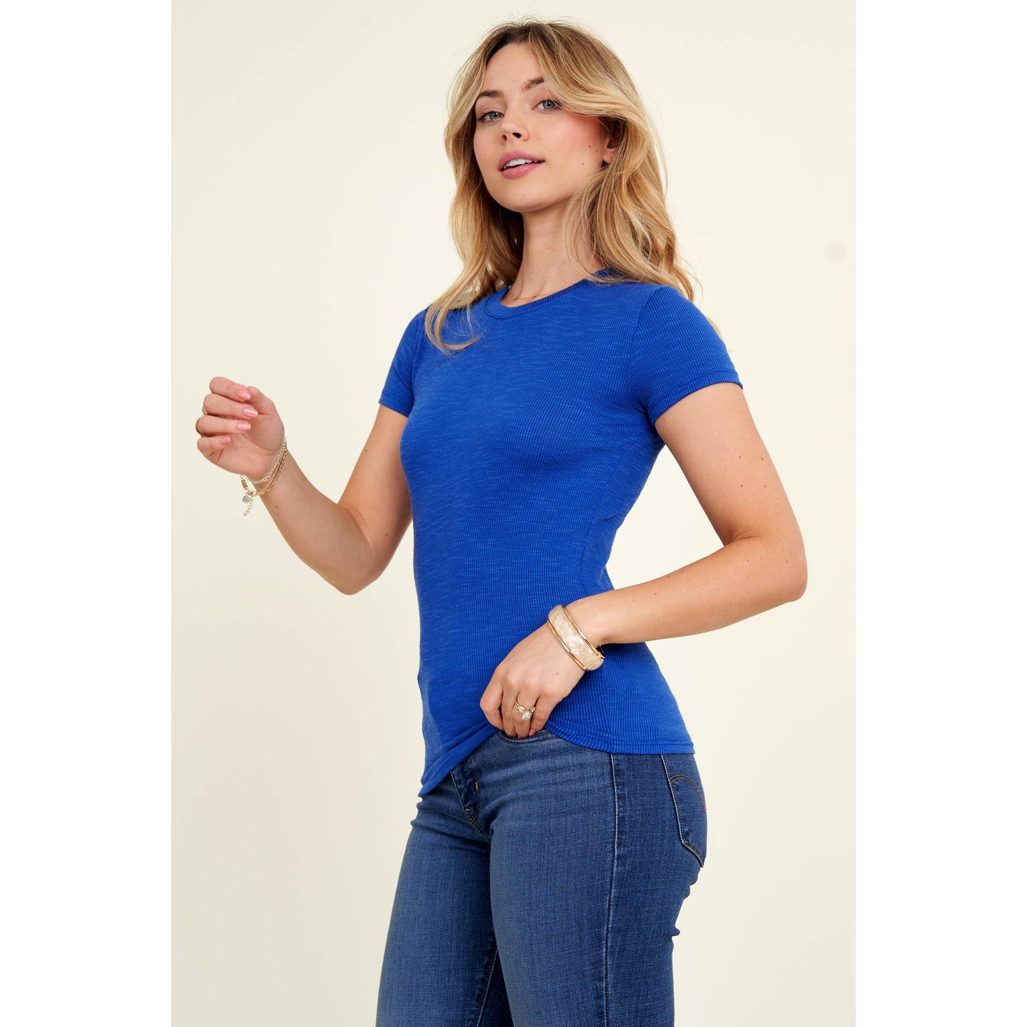 Popular 21 - Crew Neck Short Sleeve Rib Knit Basic Tee: White / S-M-L(2-2-2)