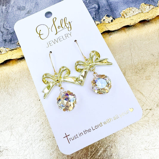 O’Lolly Jewelry - “Bella”- Gold Bow w/Clear Crystal 12mm Stone Earrings