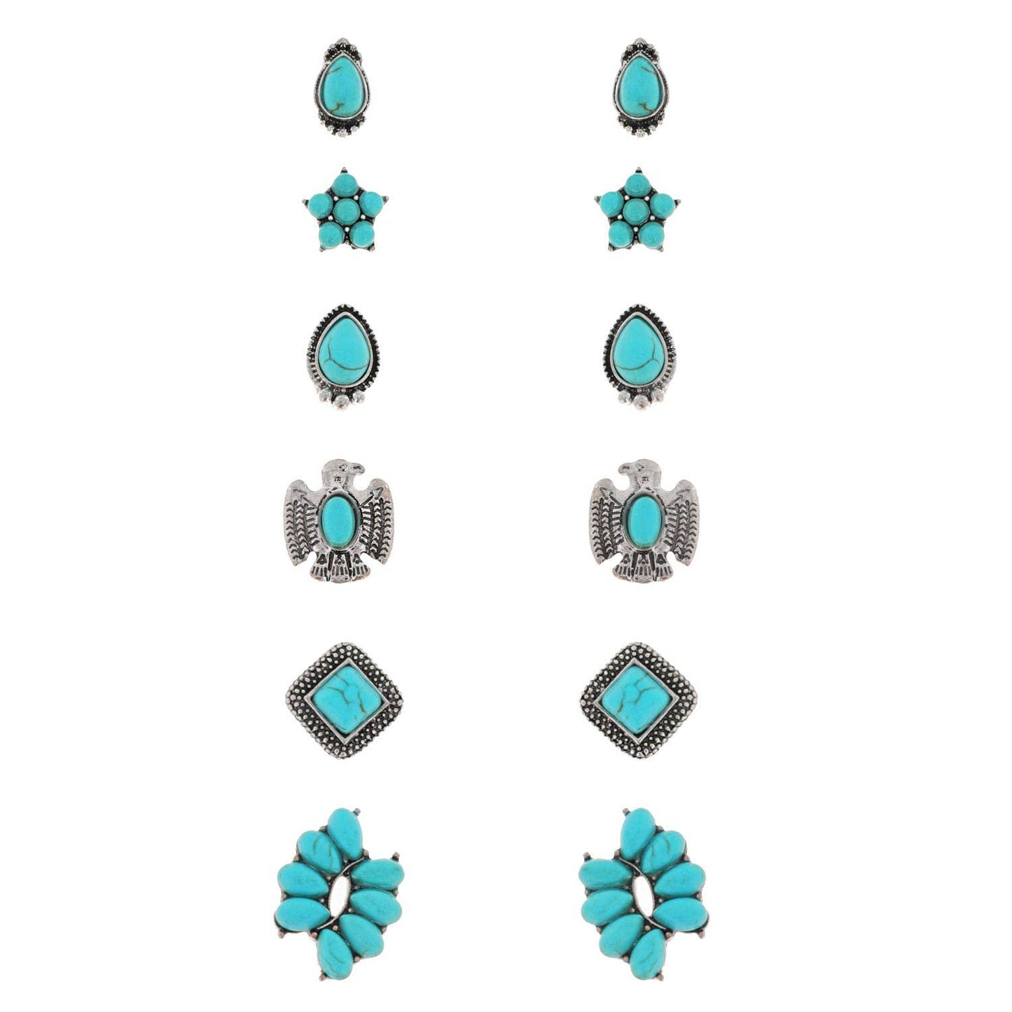 SP Sophia Collection - Assorted 6 Pair Turquoise Semi Stone Stud Earring Set