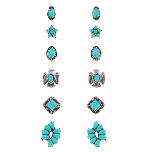 SP Sophia Collection - Assorted 6 Pair Turquoise Semi Stone Stud Earring Set