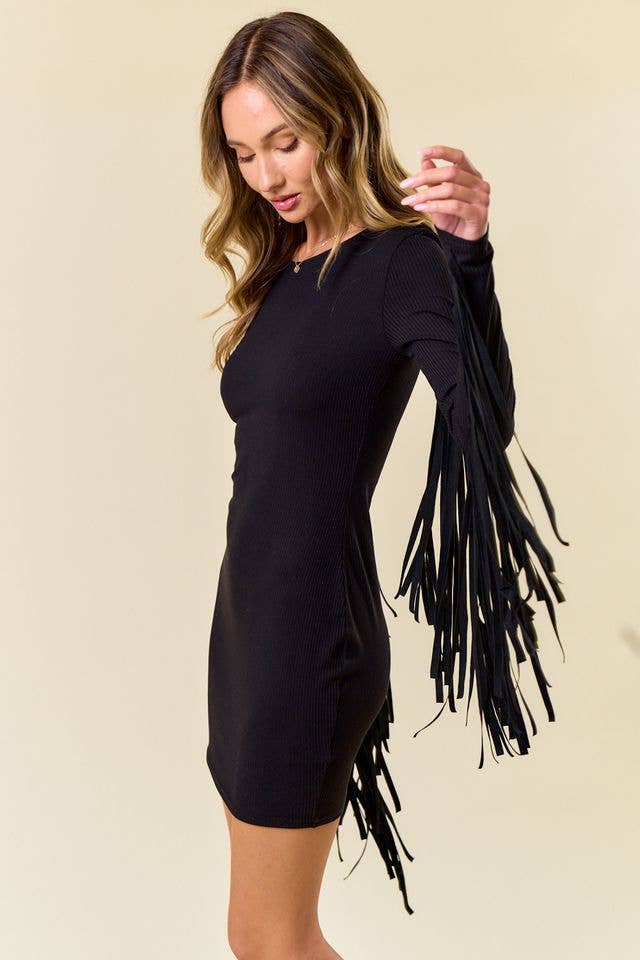 Saints & Hearts - SD2580D BLACK LONG SLEEVE FRINGED RIBBED BODYCON DRESS: L