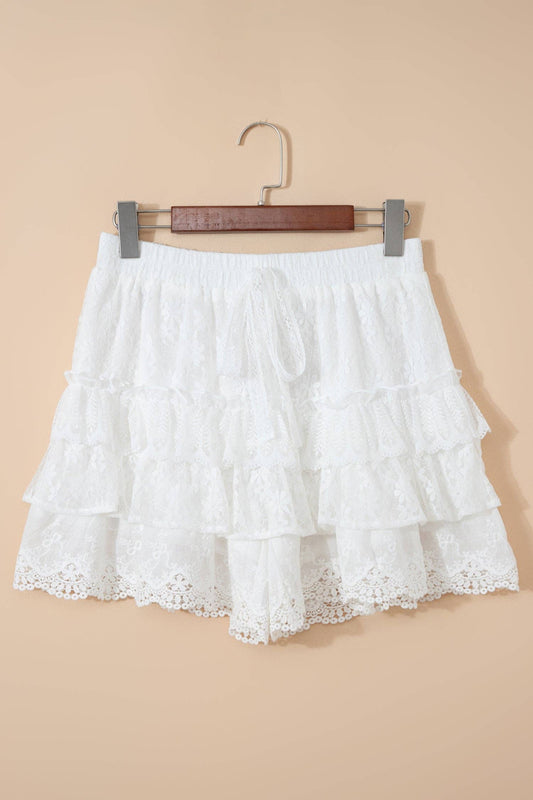 PRETTY BASH - Lace Ruffle Tiered Drawstring Waist Shorts: White / L