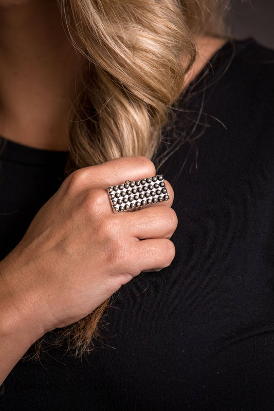 West & Co. - 1.5" Adjustable Burnished Silver Rectangular Dotted Ring