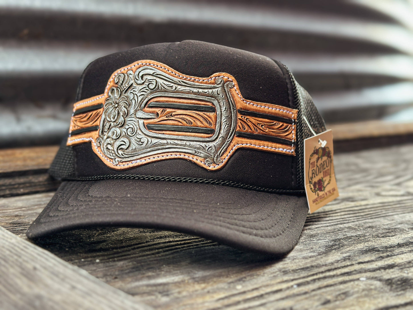 The Rodeo Rose - Silver Buckle Handtooled Leather Patch Cap