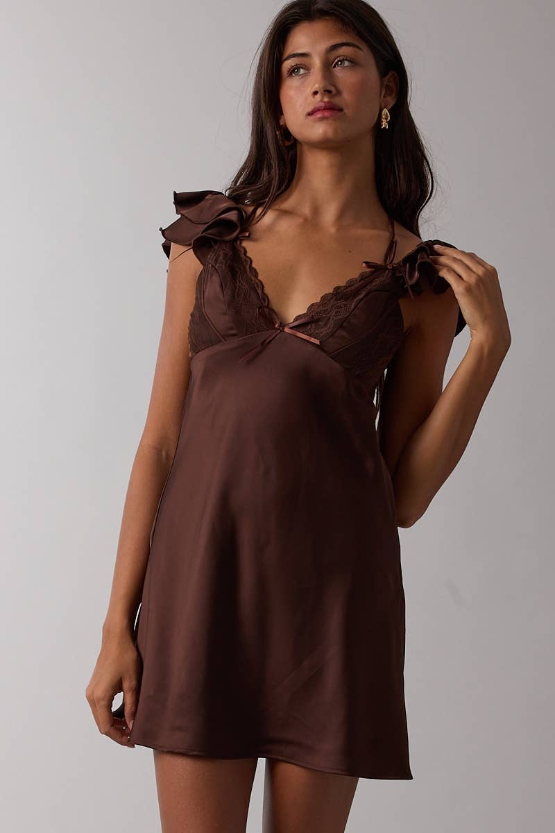 Sky to Moon - SATIN RUFFLE WING SLEEVE SCELLOP LACE MINI DRESS: BLACK / S