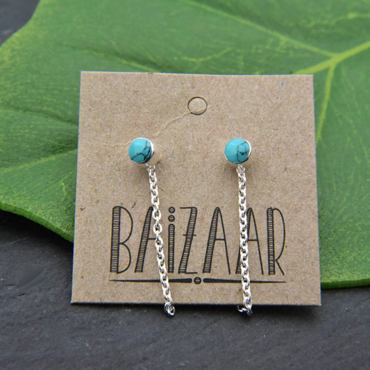 Baizaar - Sterling Silver Stone Stud Earrings with Drop Chain: Moon