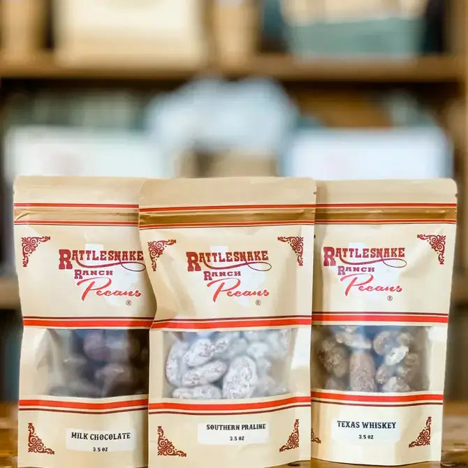 Rattlesnake Ranch Pecan Co. - Pre-Order 3.5 oz. Snack Size Kraft Bags (Heat-Sensitive): Chocolate Caramel Pecan Patties