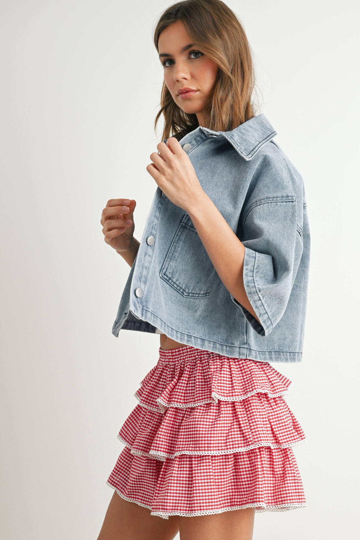 BUTTERMELON - Tiered Ruffle Mini Skort - BMP7719: RED / IVORY / M