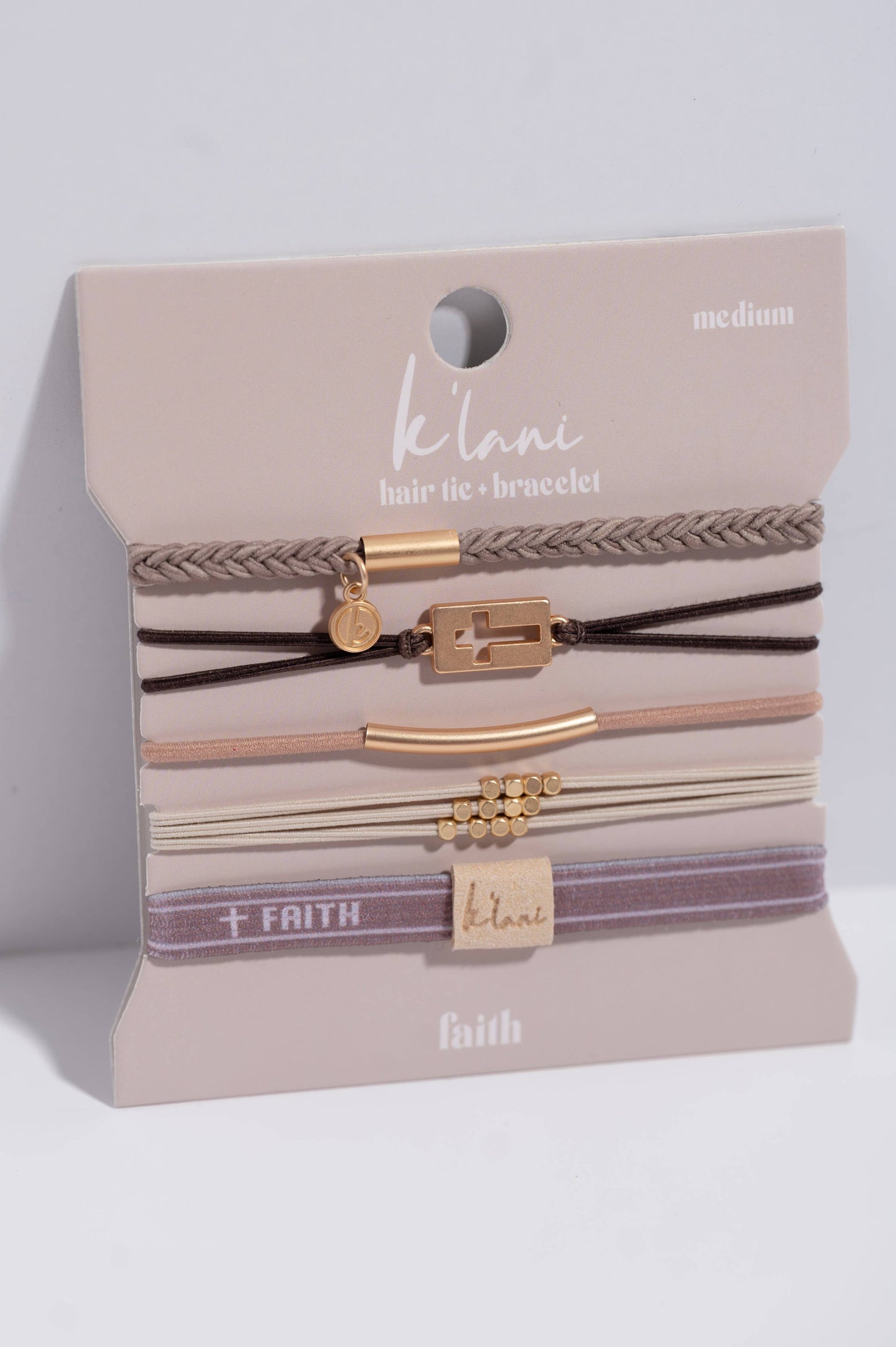 K'lani hair tie bracelets - "Faith" Warm Neutrals with Gold Cross Hair Tie Bracelets: Large