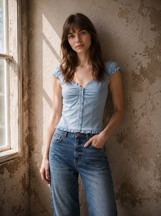 J LINE - RUFFLE STRAP BUTTON DOWN FITTED TOP: DENIM / S-M-L(2-2-2)