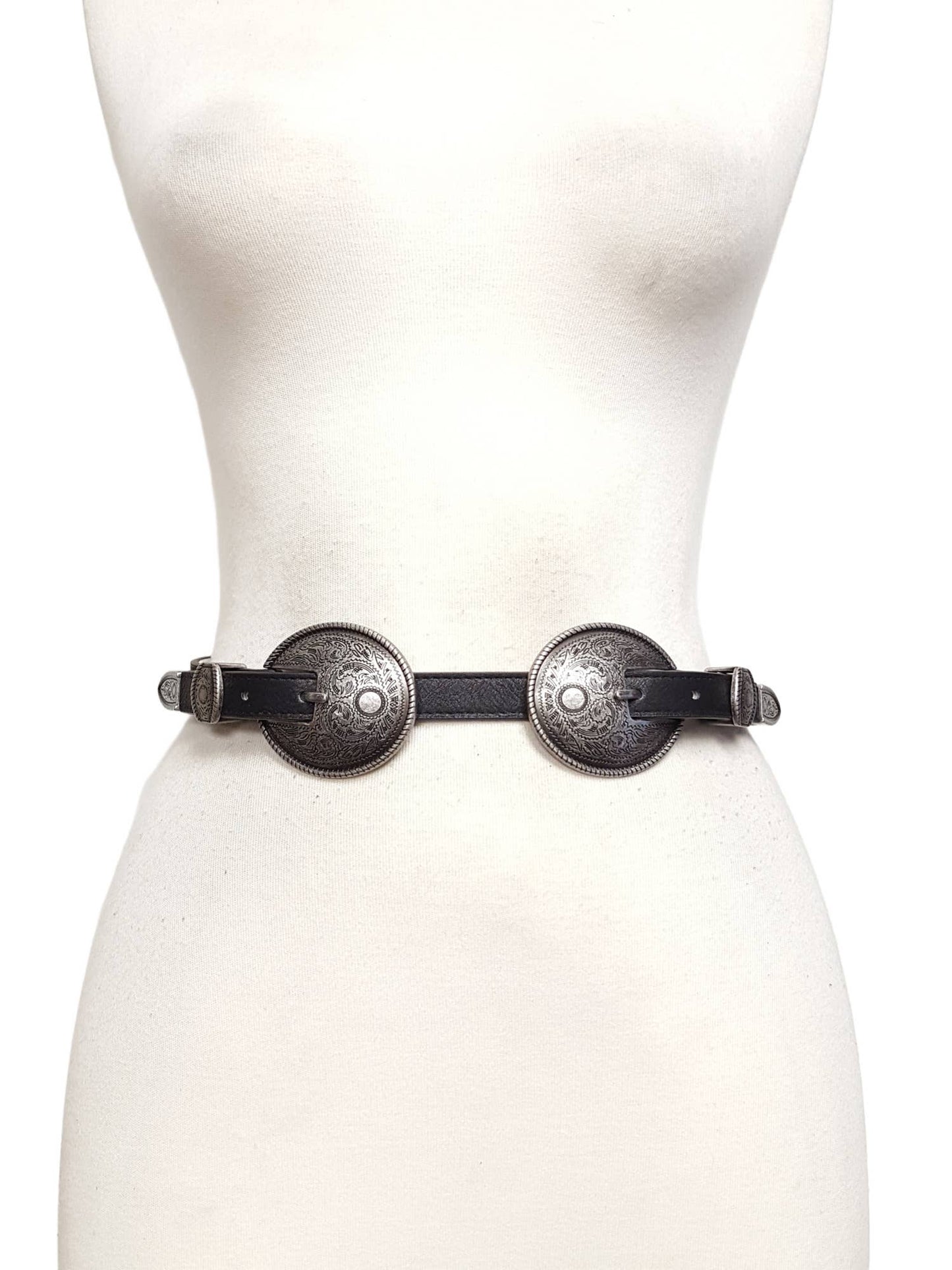 Axesoria West - Antique Silver Double Buckle Skinny Belt : Black / S