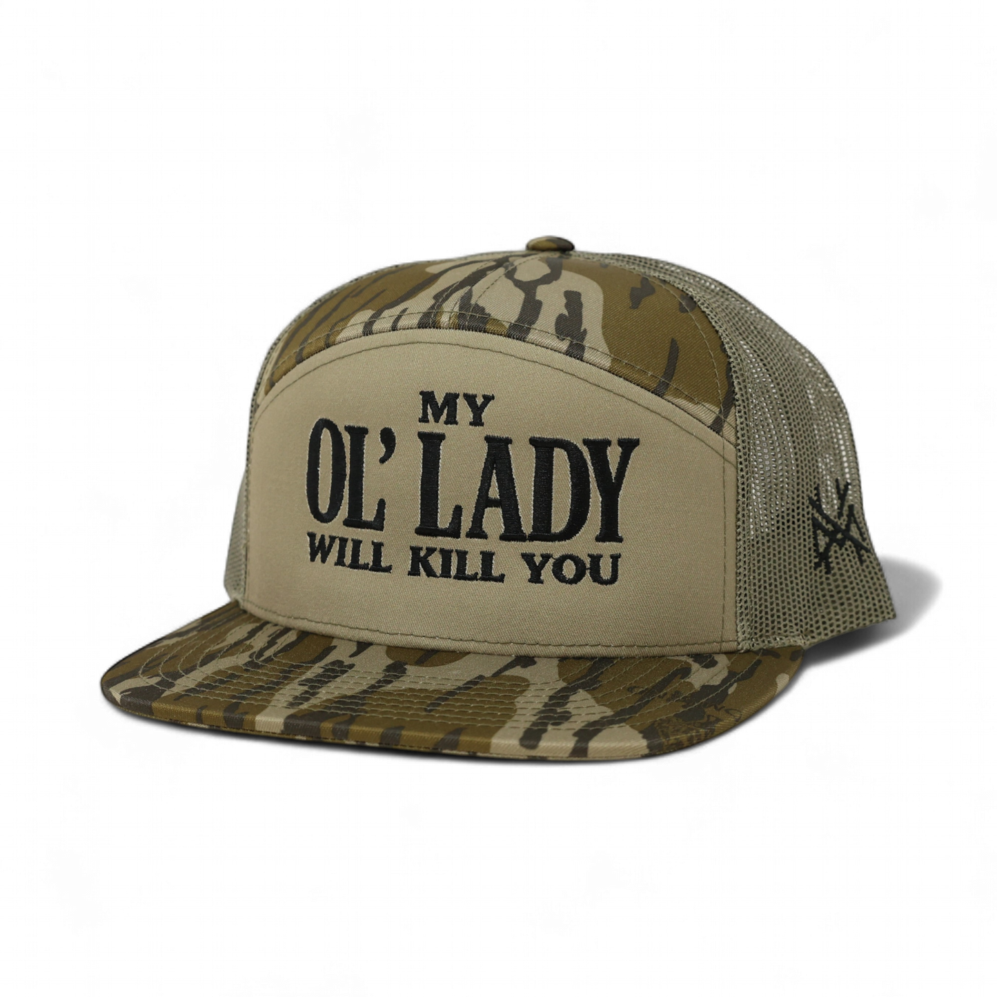 The Mad Hatter Co - My Ol Lady Will Kill You Trucker Hat: 7 Panel Bottomland/ Loden/ Bottomland