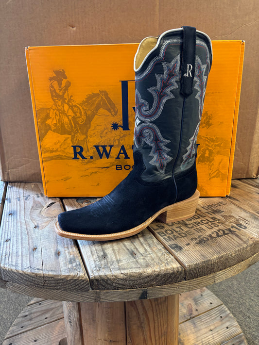 R WATSON MENS DARK BLUE ROUGHOUT/MIDNIGHT GOAT NARROW SQUARE TOE BOOT