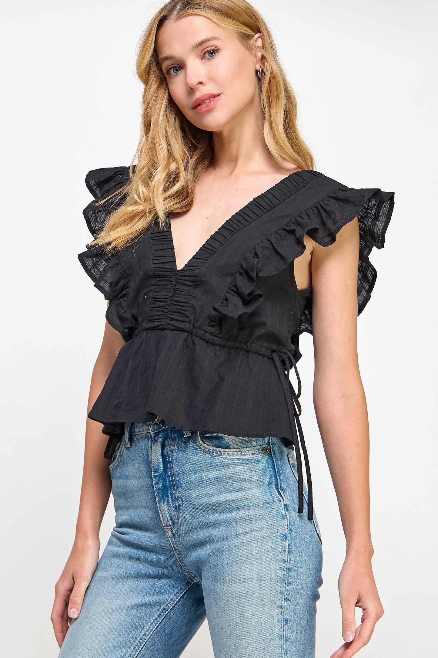 Strut & Bolt - Smocked Detail Ruffle Top: FLAMINGO PINK