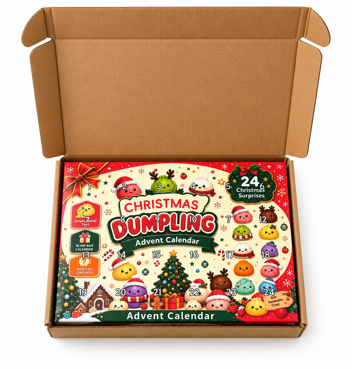 Aili's Corner - Christmas Holiday Advent Calendar- Mochi Dumpling Squishy- 24 Pcs Fidget Toy Set