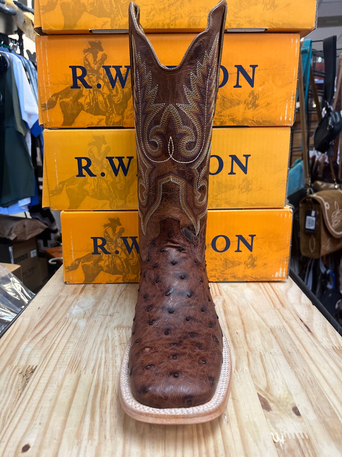 R WATSON MENS BRASS FULL QUILL OSTRICH AND COGNAC GOAT BOOTS