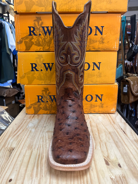 R WATSON MENS BRASS FULL QUILL OSTRICH AND COGNAC GOAT BOOTS