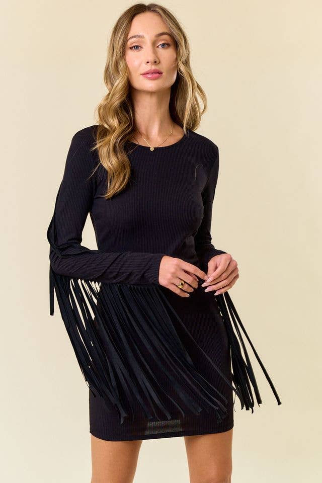 Saints & Hearts - SD2580D BLACK LONG SLEEVE FRINGED RIBBED BODYCON DRESS: L