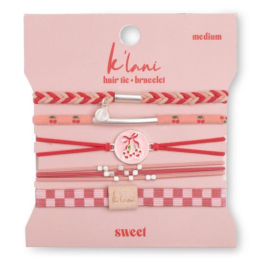K'lani hair tie bracelets - "Sweet" Pink Cherry Hair Tie Bracelets: Large