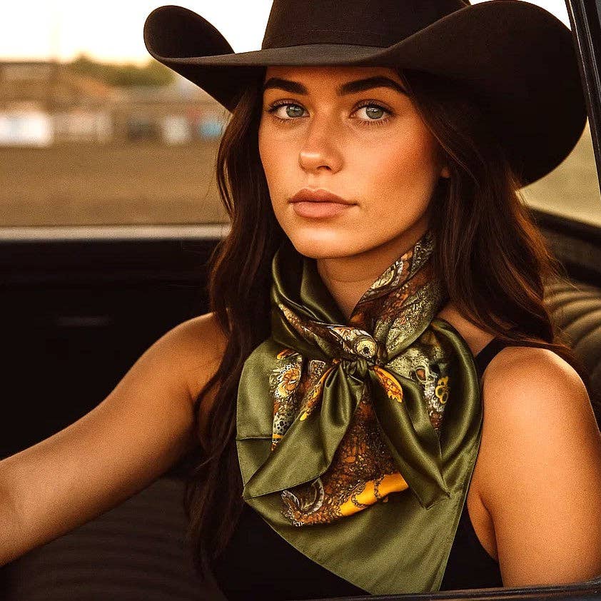 Rodeo Drive - 35X35" Olive Tone Paisley Wild Rag / Scarf WR1001