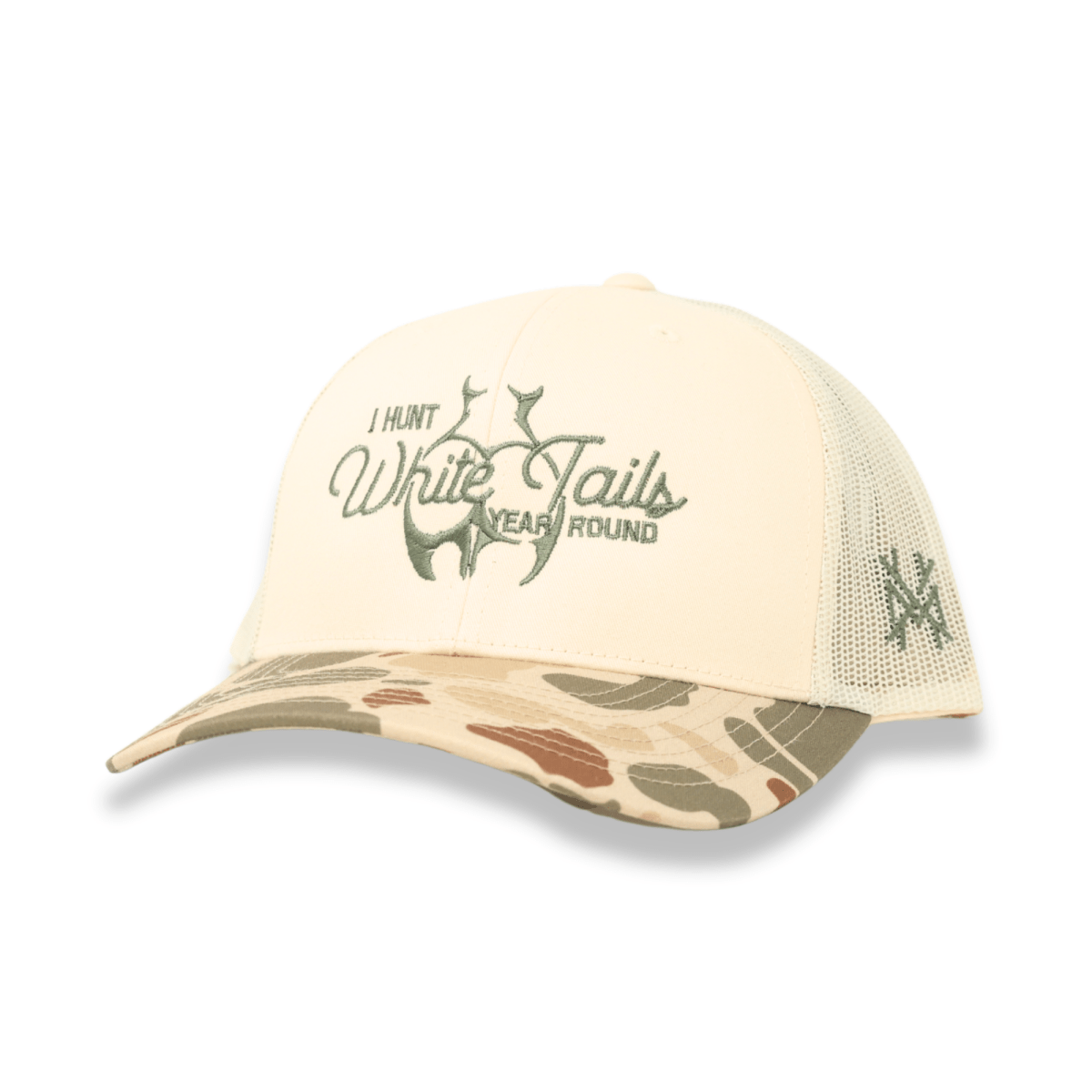 The Mad Hatter Co - I Hunt White Tails Year Round Trucker Hat: 7 Panel Bottomland/ Loden/ Bottomland