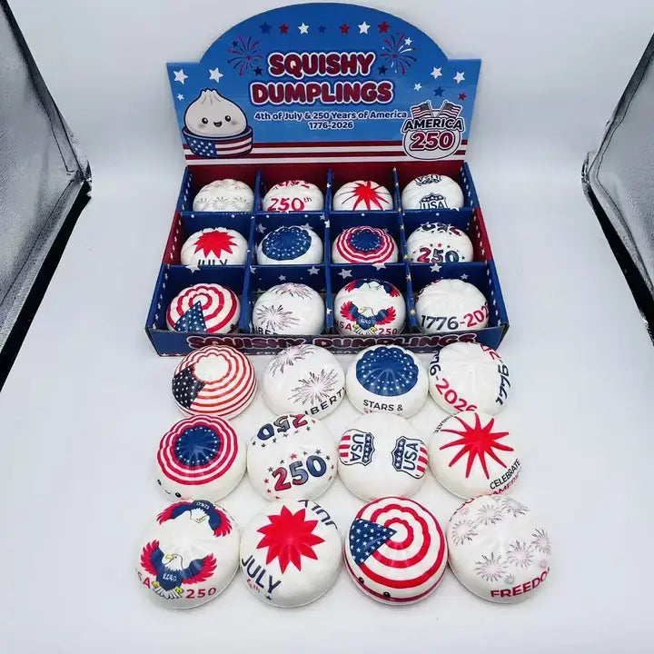 Liffy - 4th of July Dumpling Shape Squishy Stress Relief Toy: USA Theme Dumpling Squishy Set B with Steamer Display Box / ONE SIZE