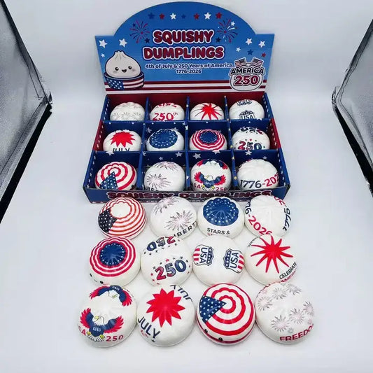 Liffy - 4th of July Dumpling Shape Squishy Stress Relief Toy: USA Theme Dumpling Squishy Set B with Steamer Display Box / ONE SIZE
