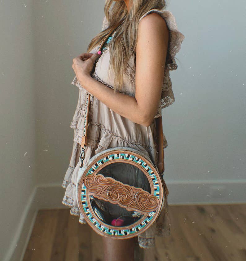 Boho Ranch Shop - JANIE CLEAR ROUND crossbody | hand tooled western festival: TAN