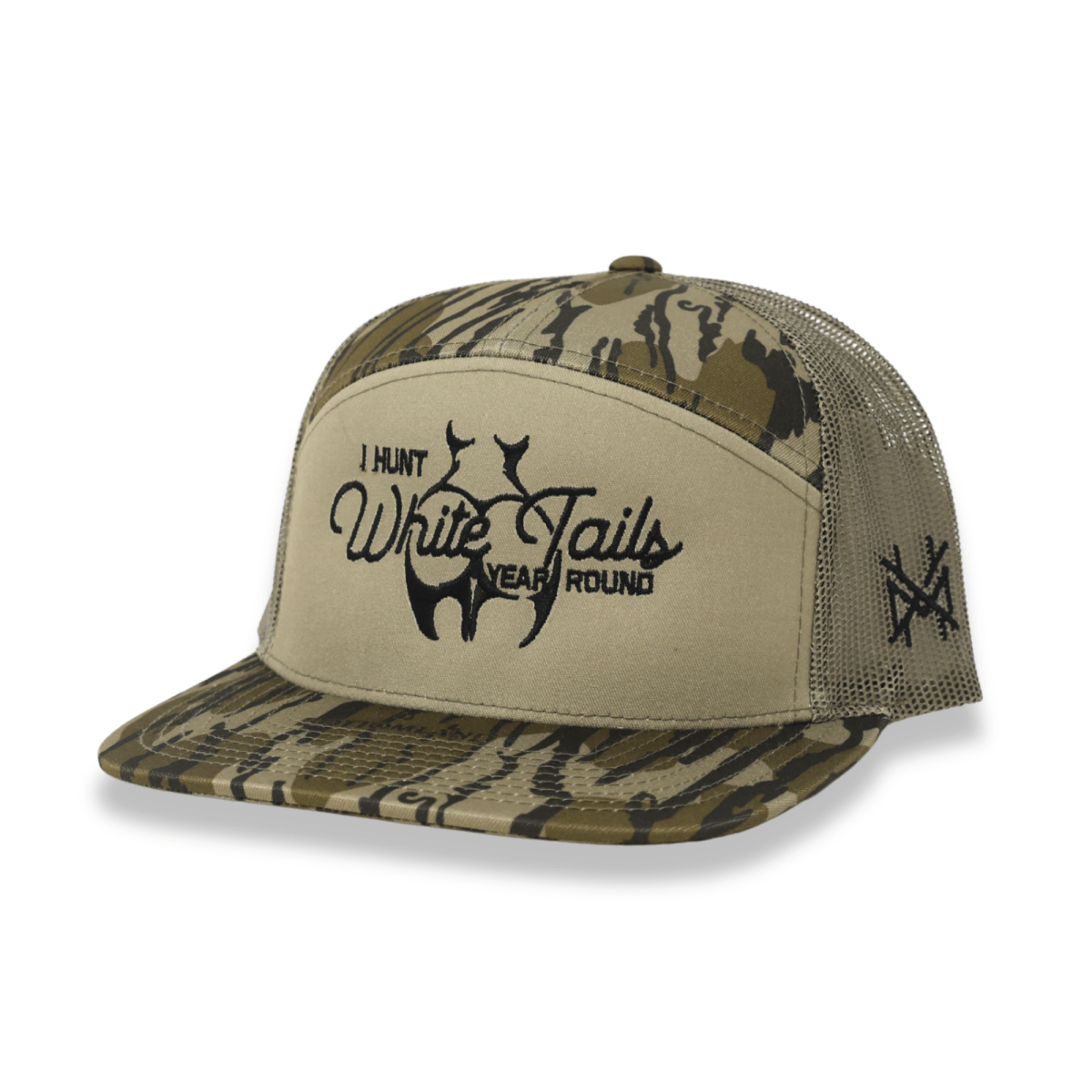The Mad Hatter Co - I Hunt White Tails Year Round Trucker Hat: 7 Panel Bottomland/ Loden/ Bottomland