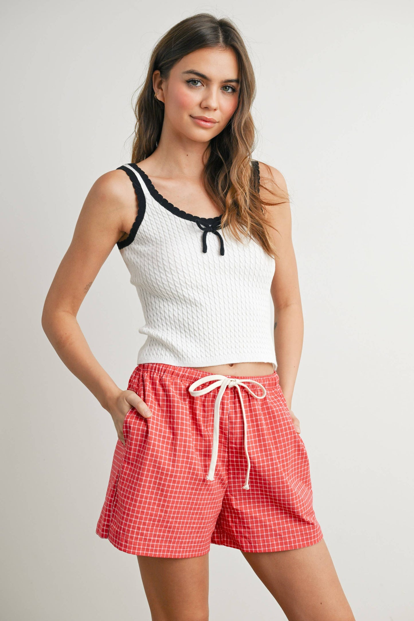 BUTTERMELON - Bow Tank Top - BMW7656: IVORY / RED / M